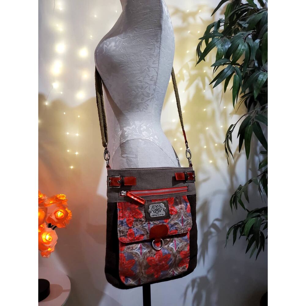 Corazon De Melon Floral Mexican Designer Adjustable Velour Canvas Crossbody Bag - Picture 2 of 11
